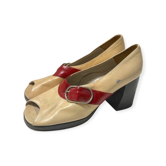 Vintage Ballotta Bologna Italy Red & Ivory Leather Peep-Toe Pumps 1960s–70s - Picture 3 of 11